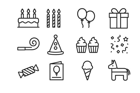 Birthday Party Icons. Outline icon set of birthday parties: birthday cake, candles, balloons, gift box, party