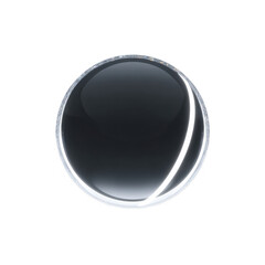 Close up of a shiny black spherical object with reflective highlights on a white background