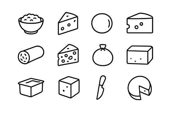 Cheese Icon Set. Outline icon set of cheese varieties for ravioli: ricotta bowl, parmesan wedge, mozzarella