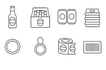 Beer Packaging Icons. Outline icon set of beer packaging: labeled bottle, cardboard box, can holder, keg crate
