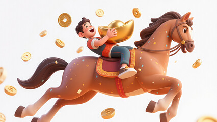 A 3D cartoon of a happy boy galloping on horseback with a golden ingot in his arms