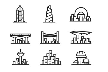 Naklejka premium Futuristic City Icons. Outline icon set of futuristic skylines: glass tower, spiral skyscraper, dome structure