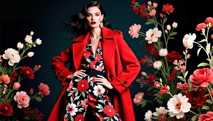 Elegant fashion display featuring a model in vibrant floral attire and a striking red coat among colorful floral backdrop