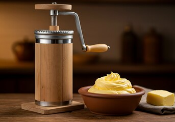 Handmade butter churn and bowl of fresh butter