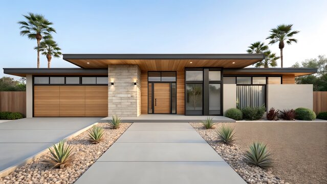 Modern mid century style home with wood accents and palm trees