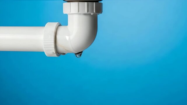Leaking Stream of water leaking from damaged plastic pipe. Broken plumbing system requiring repair. Plumbing problem, water dropping on blue background