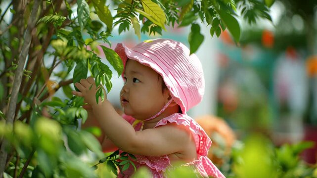 Cheerful baby playing and smiling under the warm sun
