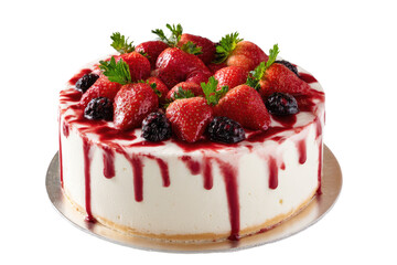Round cake, overflowing with fresh strawberries and blackberries, drizzled with a rich berry sauce