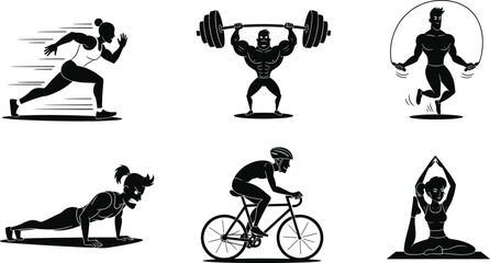 Cartoon silhouettes of people exercising, running, cycling, weightlifting, jumping rope, push-ups, yoga, fitness training, gym workout, healthy lifestyle activity