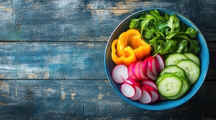 Colorful vegetable bowl on wooden table