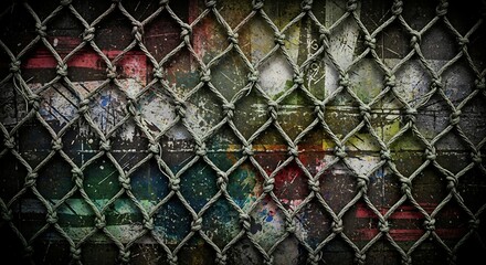 Fototapeta premium Close-up view of a metal chain-link fence with colorful, obscured objects behind it.