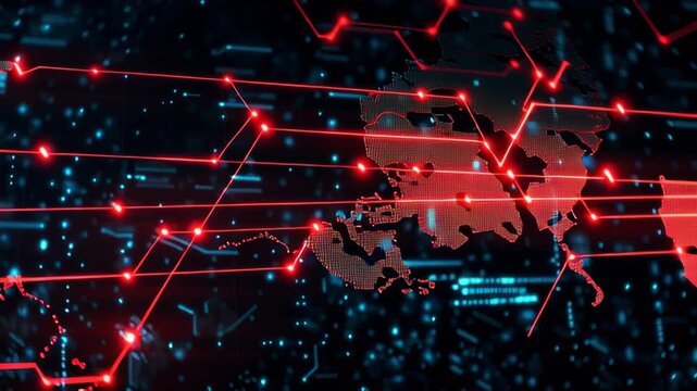 Cyber attack ddos network connections visualized on digital world map with glowing red lines highlighting global data flow and security risks