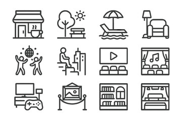 Virtual Hangout Icons. Outline icon set of virtual hangout spots: coffee shops, parks, beaches, lounges,