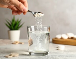 Adding powdered supplement to a glass of water for a healthy drink to start the day.
