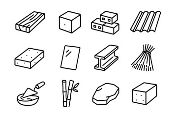 Building Material Icons. Outline icon set of building materials: wood plank, stone block, brick, clay tile,