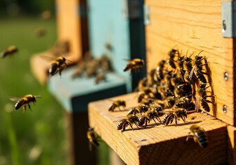 Honeybees swarm around wooden hive boxes