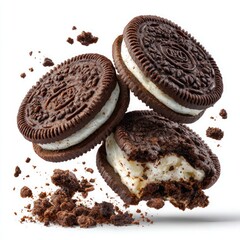 Three chocolate sandwich cookies with cream filling and crumbs