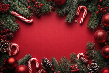 Christmas Holiday Flat Lay Red Paper Candy Canes Pine Branches Decorations Banner Template Copy Space