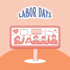 People on billboard celebrating Labor Day with protest signs.