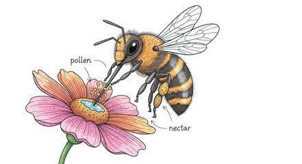 Illustration of a bee collecting pollen and nectar from a flower, isolated on white background, showing pollination process