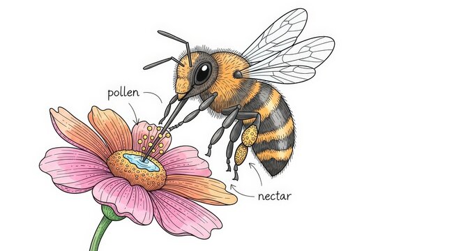 Illustration of a bee collecting pollen and nectar from a flower, isolated on white background, showing pollination process