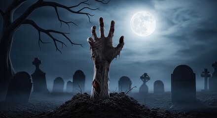 Terrifying Zombie Hand Emerges From Grassy Grave Under Eerie Full Moon