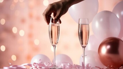Elegant celebration scene with champagne flutes and balloons, captured at eye level. Perfect for a festive video backdrop with a soft bokeh effect. Live desktop wallpaper. - Powered by Adobe