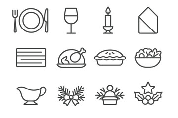 Holiday Meal Icons. Outline icon set of holiday meal settings: dinner plate, fork and knife, wine glass,