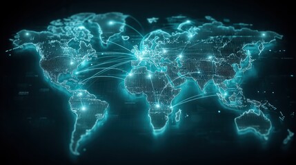 A global network map, highlighted with luminous turquoise lines and dots, showcasing international connections and digital communication.