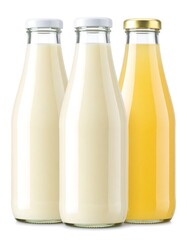 Three glass bottles, milk and juice