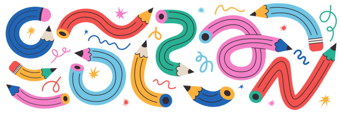 Twisted curved colorful funky pencil set. Flexible school, office supplies. Pencils bent into various shapes. Perfect for stickers, schedules, notebooks, notepads, diaries, school banners