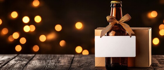 A craft beer bottle with a blank white gift card on. Artisanal brew container having a spotless present voucher upon it offering a beverage token ideal for celebration occasion