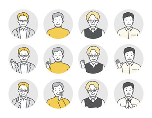 色々な表情のシニア男性のアイコンイラスト