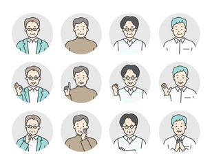 色々な表情のシニア男性のアイコンイラスト