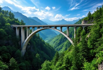 Obraz premium A majestic concrete arch bridge spans a verdant mountain valley, under a vibrant blue sky filled with fluffy clouds.