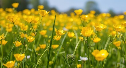 Fototapeta premium Vibrant Meadow Filled with Bright Yellow Buttercup Flowers Under a Sunny Sky