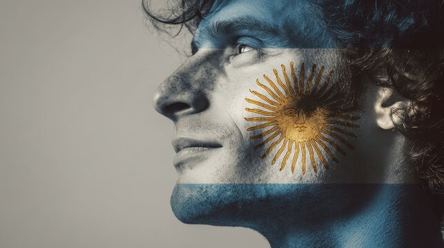 Argentine Pride Portrait: A side profile portrait showcasing a man with the flag of Argentina meticulously painted on his face, embodying national pride and patriotic fervor.