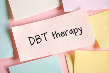 Flat lay of colorful notes with text DBT therapy on pink note