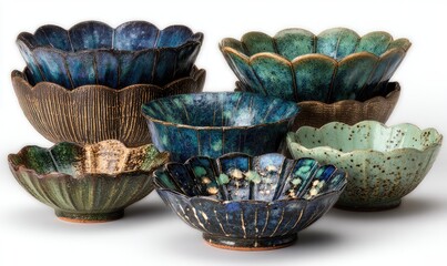 Stacked ceramic bowls, petal-shaped, various colors
