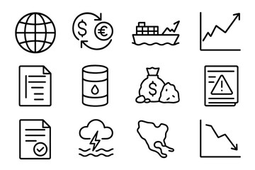 Global Investment Risks Icons. Outline icon set of global investment risks: globe, currency exchange arrows,