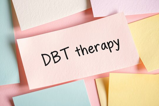 Flat lay of colorful notes with text DBT therapy on pink note