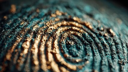Macro shot of a fingerprint pattern with golden particles, symbolizing identity, security, and biometrics in digital technology - Powered by Adobe