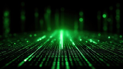 A futuristic digital landscape showcases a vibrant green binary code pattern.