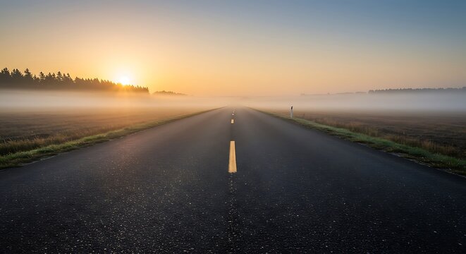 An empty road winds towards the horizon at sunrise. A metaphor for journey, the future, and new beginnings with ample copy space.