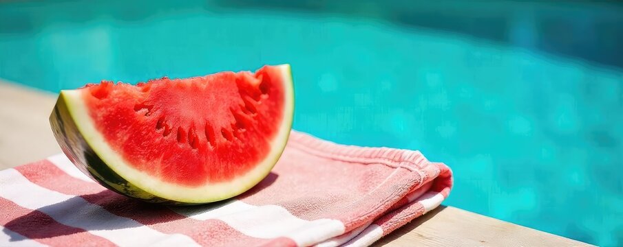 A juicy watermelon slice rests on a towel beside a refreshing pool, radiating summer vibes and relaxation Perfect for summer, vacation, and wellness themes , green, rest, delicious