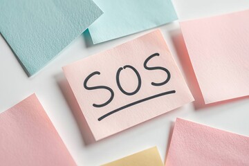 Flat lay of colorful notes with text SOS on pink note