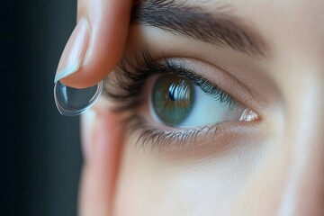fingertips placing contact lens on eye, hygienic product focus, clean medical style 
