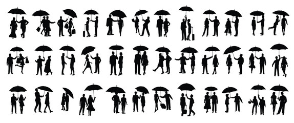collection of silhouettes of men covering women with umbrellas vector illustration