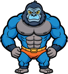 Naklejka premium Mighty Blue Gorilla Character with Muscular Physique and Orange Underwear