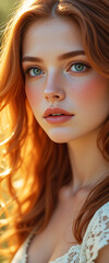 Closeup Portrait of a Young Innocent Woman with Green Eyes and Red-Brown Hair in White Dress &ndash; Phone Wallpaper